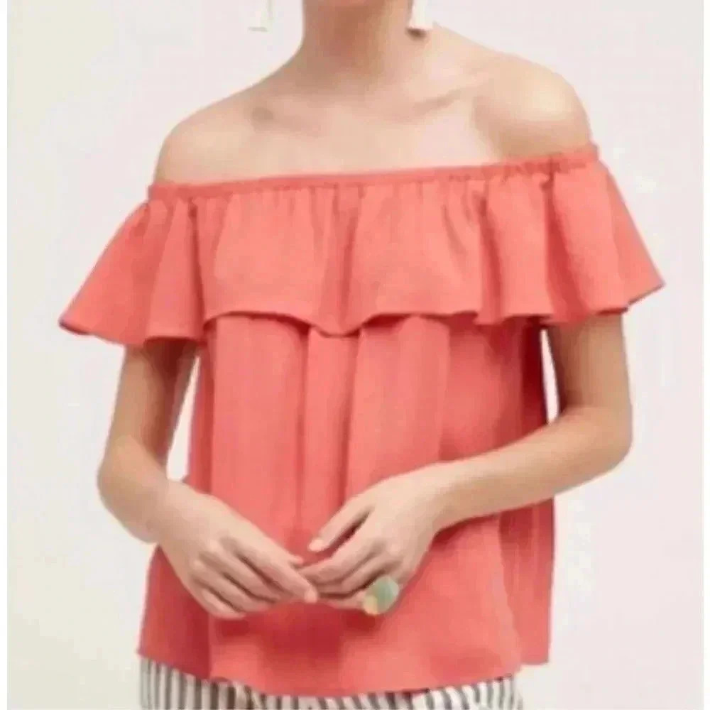 ANTHROPOLOGIE MAEVE Pink Off Shoulder Ruffle Blouse - size medium